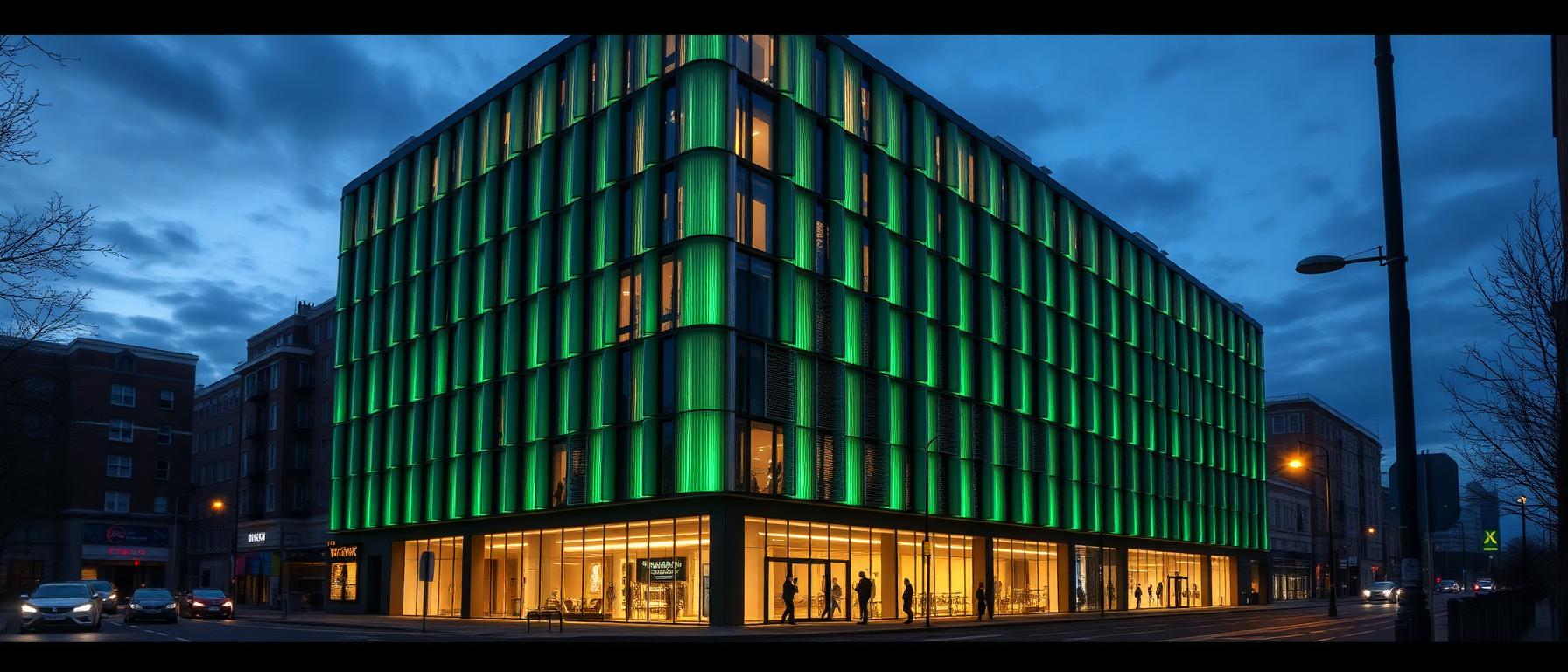 Auriel active facade, PV, thermal and rainwater cassettes on a commercial building at dusk