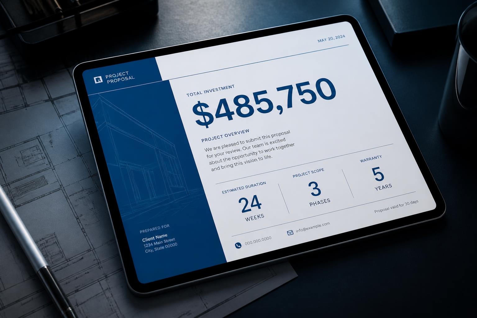 Architect's tablet showing an Amporah complete-solution quote